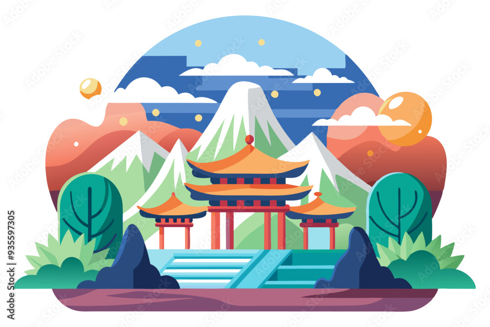 Naklejka premium Traditional Chinese Pagoda Surrounded by Mountains and Greenery