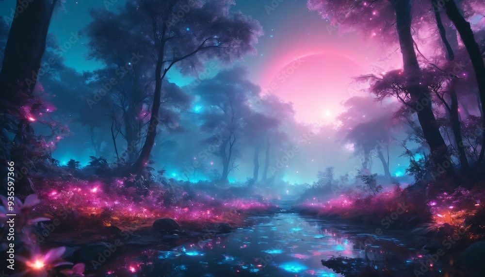 Obraz premium Colorful bioluminescence plants in forest, crystals and glowing path, fireflies, Pandora planet at night, blue and pink glow, epic landscape in background, hazy planet in the sky.