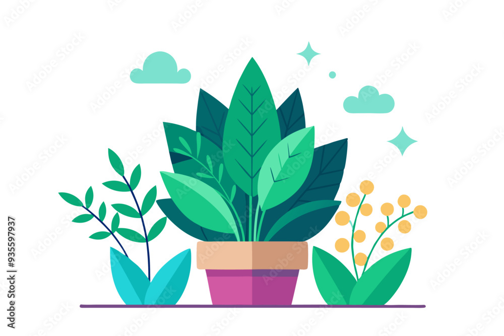 Three potted plants with green leaves and yellow flowers Three potted plants with green leaves and yellow flowers