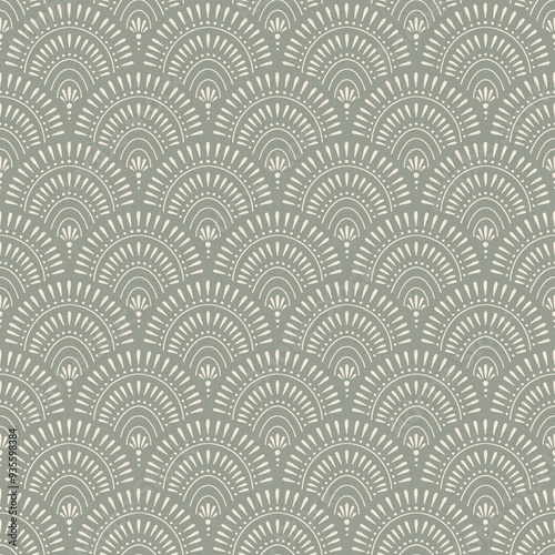 Seamless pattern design with Henna Scallop Arches (gray background)

