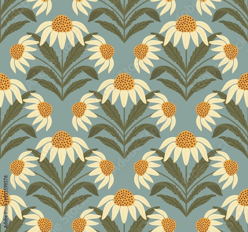 Retro daisy ogee. Rustic floral pattern in deep pastel colours