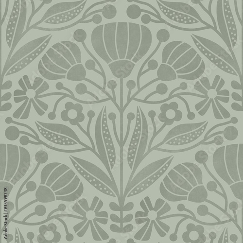 Seamless pattern floral design in olive colours in rustic style
