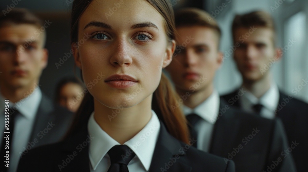 A focused individual in a suit is at the forefront, surrounded by a group of equally dressed colleagues, capturing a serious workplace atmosphere A focused individual in a suit is at the forefront, surrounded by a group of equally dressed colleagues, capturing a serious workplace atmosphere