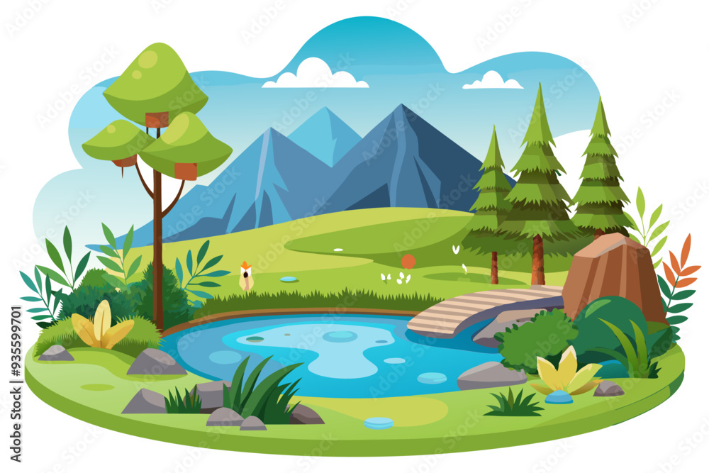 Fototapeta premium Tranquil Mountain Lake with Bridge and Lush Foliage