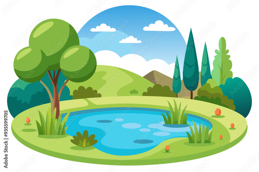 Obraz premium Cartoon Landscape with Pond and Trees
