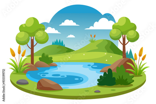 Cartoon illustration of a serene lake surrounded by lush green hills, trees, and shrubs under a bright blue sky with fluffy clouds.