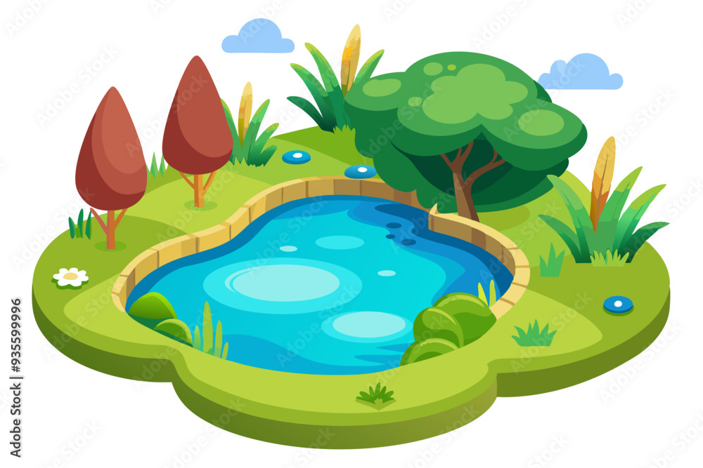 Obraz premium A Cartoon Illustration of a Small Pond Surrounded by Trees and Grass