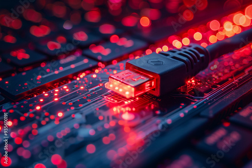 Glow of a USB cable on a computer keyboard. Generative AI image