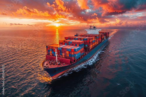 Cargo ship at sea during a vibrant sunset. Generative AI image