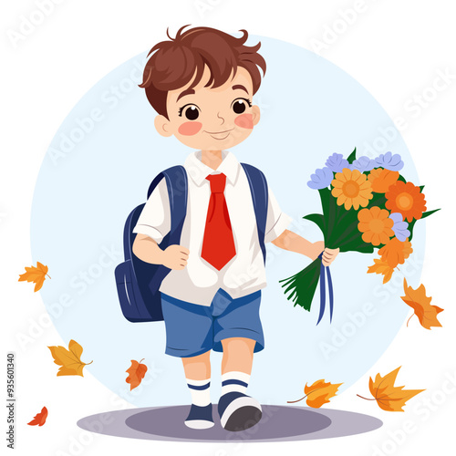Cute funny schoolboy with flowers goes to school