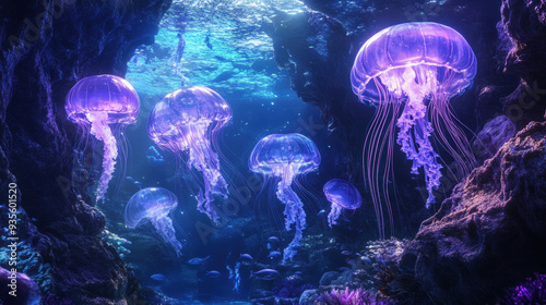 A mystical underwater grotto with glowing jellyfish and shimmering fish