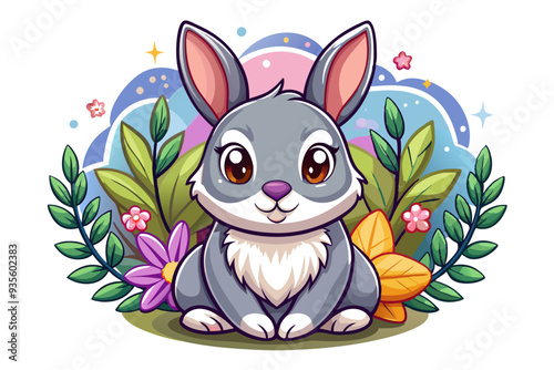Cute Cartoon Gray Rabbit Surrounded by Flowers and Leaves