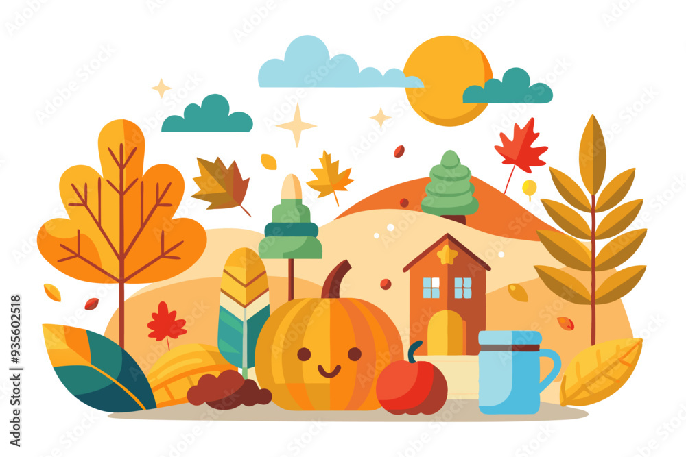 Autumnal Landscape with a Smiling Pumpkin, House, and Fall Leaves Autumnal Landscape with a Smiling Pumpkin, House, and Fall Leaves