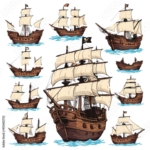 Collection of Vintage Pirate Ships Illustrations