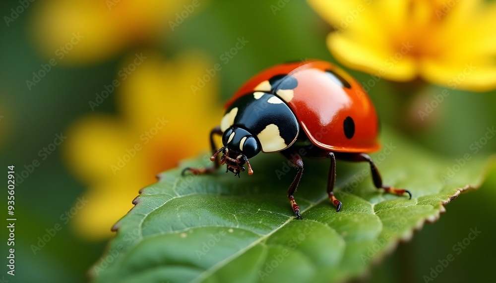 Fototapeta premium A small ladybug resting on a green leaf against a background of yellow flowers, showcasing nature's vibrant details.