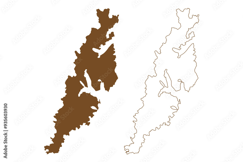 Obraz premium Moskenesoya island (Kingdom of Norway, Lofoten Archipelago) map vector illustration, scribble sketch Moskenesoya map