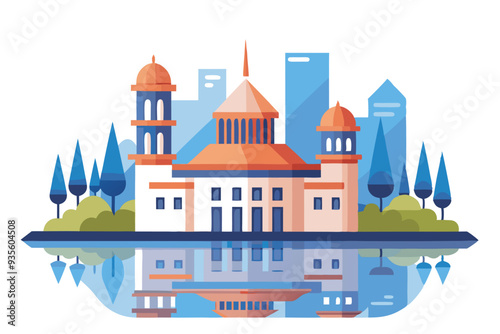 Geometric Cityscape with a Building Reflected in Water