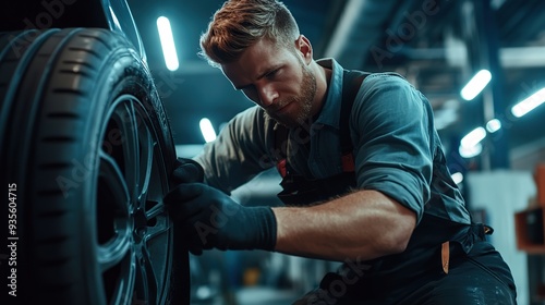 Professional mechanic changing car tires in auto repair service center. Technician man working at auto repair service center. Changing tire shop. copy space.