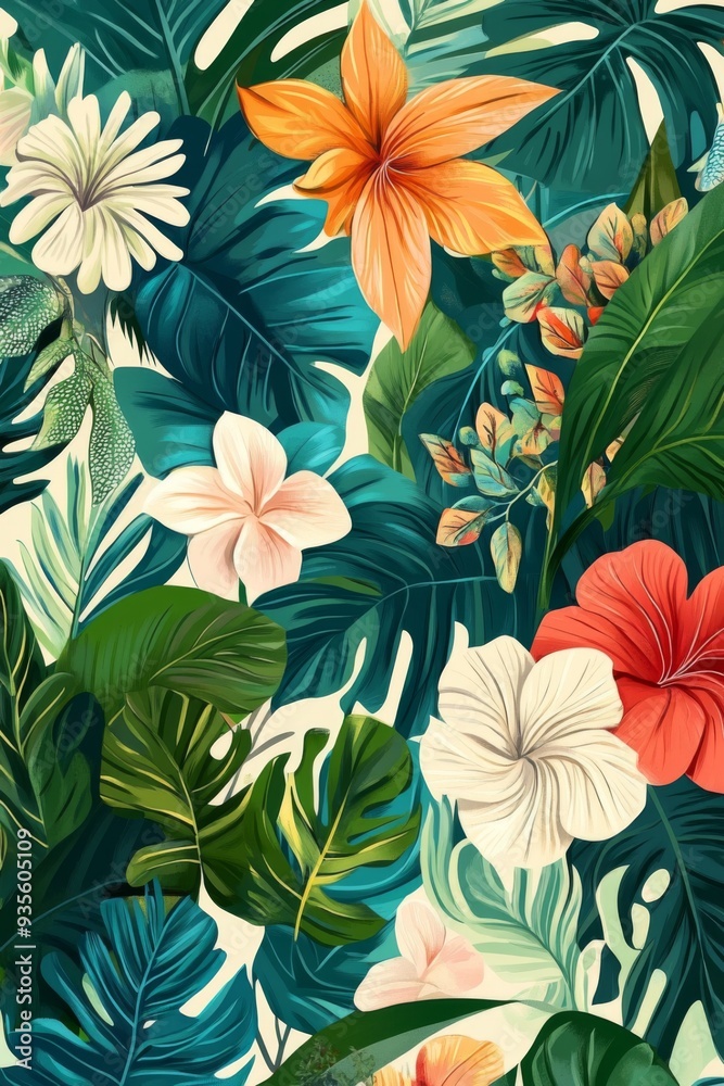 Lush tropical foliage with colorful flowers in a vibrant pattern.