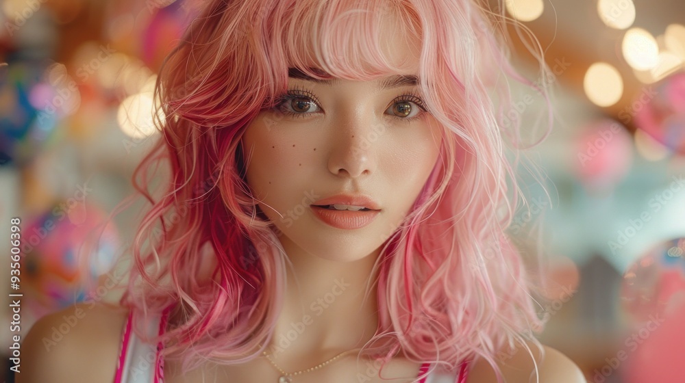 Japanese model with a pink wig, dressed in a bright school uniform, enjoying a bachelorette party at a lively nightclub, full-length photo with a dynamic and festive background