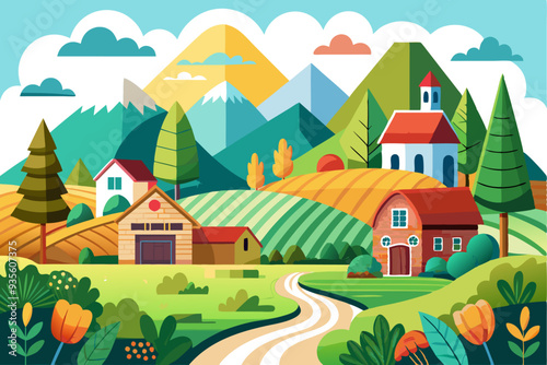 A picturesque landscape with houses, trees, mountains, and a winding path.