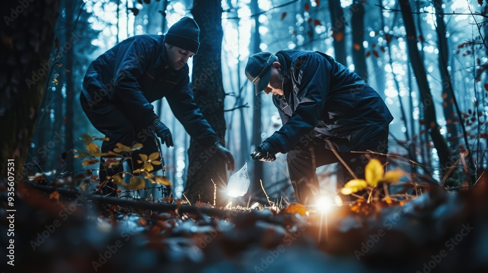 Detectives collecting evidence in a crime scene. Forensic specialists making expertise. Police officers and investigation in forest. Ai-generated.