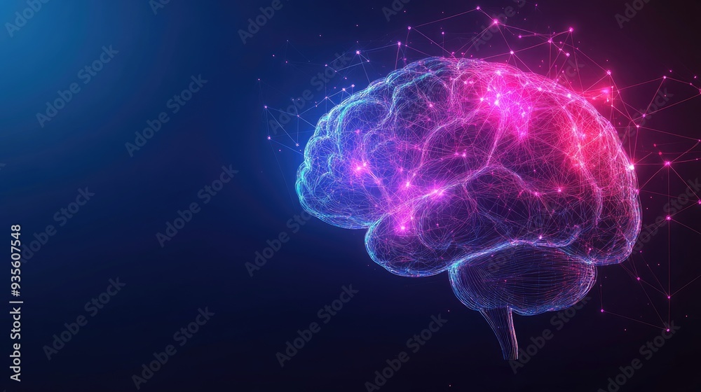 A futuristic human brain formed by neon lines and connections, with empty space beside it for text or branding. A futuristic human brain formed by neon lines and connections, with empty space beside it for text or branding.