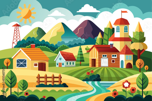 A Charming Village nestled among rolling hills and a winding river.