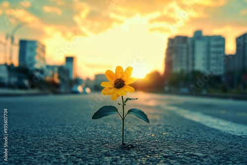 A Single Sunflower Growing on a Busy City Street