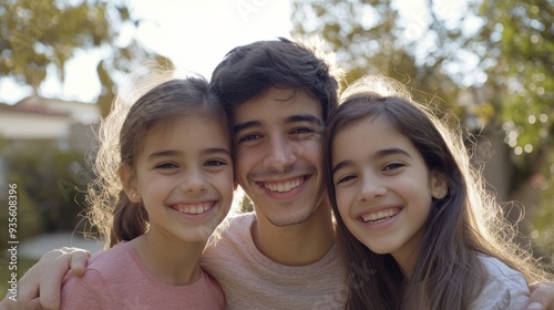 A man and two girls smiling for the camera in a park, AI