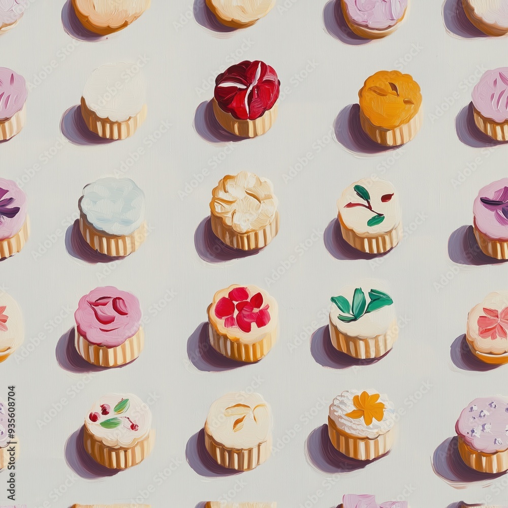 A seamless pattern of cute cupcakes and cakes with cherries, cream, and strawberries, perfect for a bakery or party theme