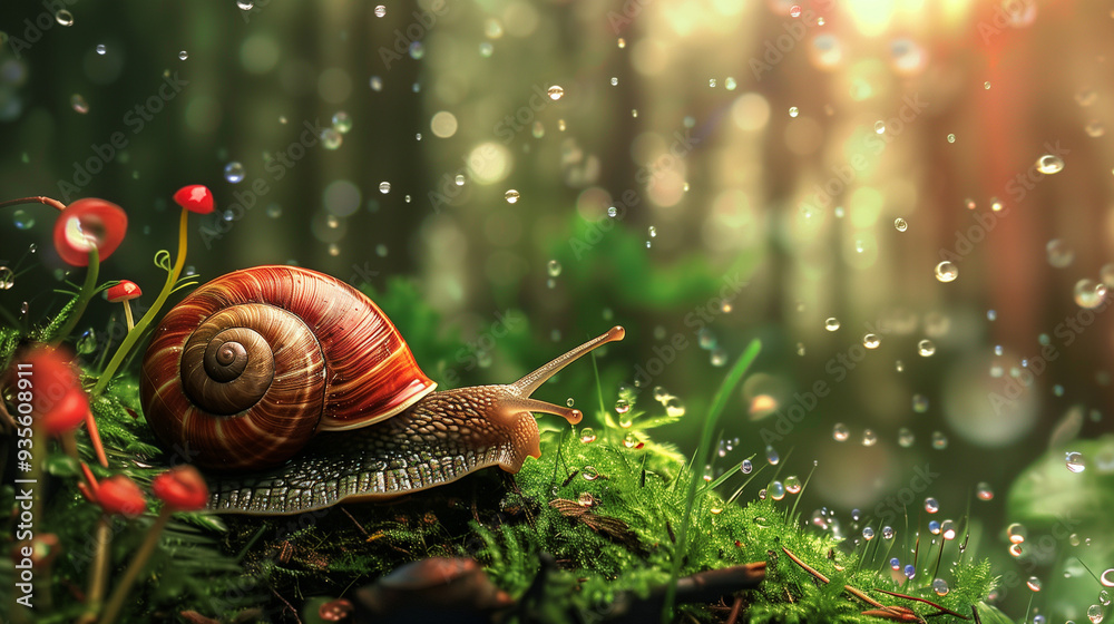 A snail crawls on green moss in a forest, where sunlight filters through the leaves, creating soft rays and dew drops A snail crawls on green moss in a forest, where sunlight filters through the leaves, creating soft rays and dew drops
