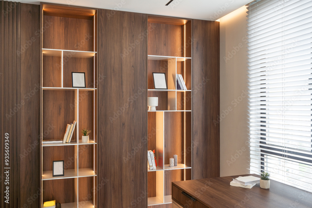 Business room interior with pc computer on desk, shelf with business documents, hardwood floor. Copy space wooden wall, 3D rendering Business room interior with pc computer on desk, shelf with business documents, hardwood floor. Copy space wooden wall, 3D rendering