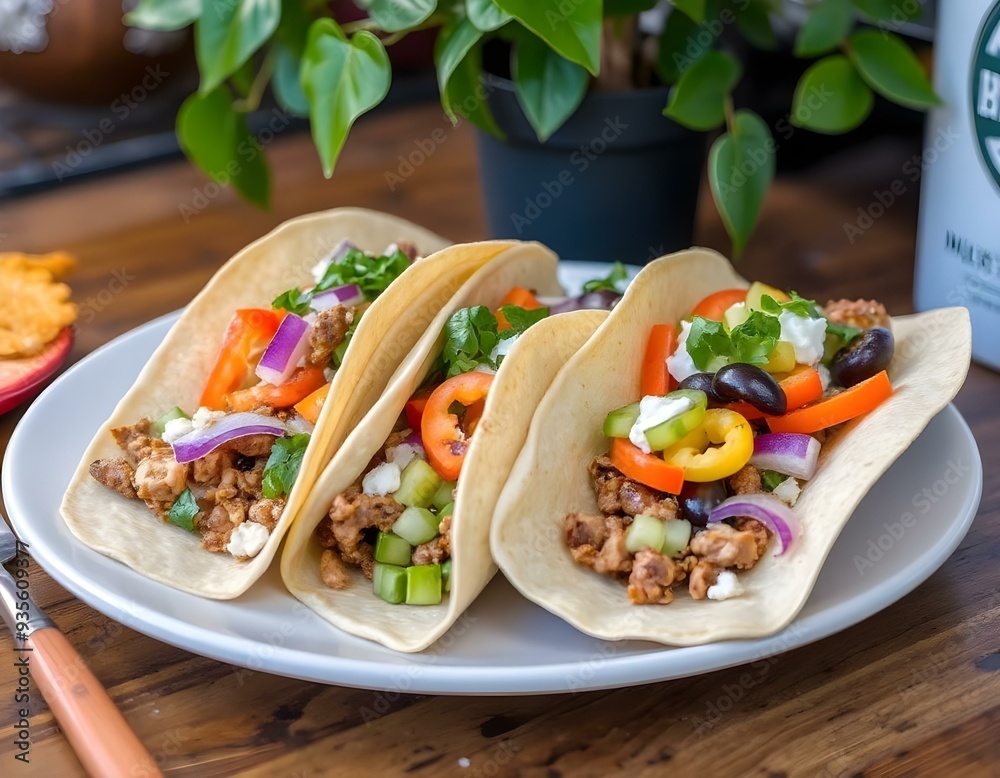 A plate of delicious looking tacos with various fillings including meat, vegetables, and garnishes create with ai A plate of delicious looking tacos with various fillings including meat, vegetables, and garnishes create with ai