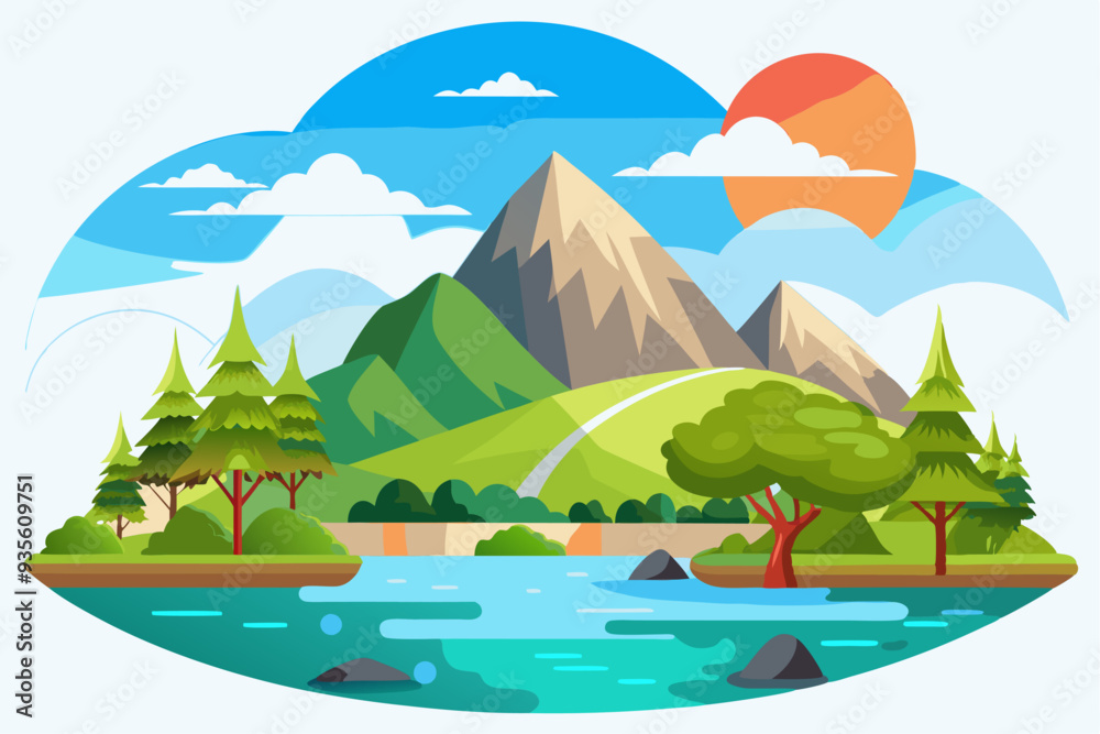 Obraz premium A Picturesque Mountain Landscape with a River, Trees, and a Sunset