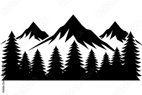Forest with Distant Mountains – Elegant Black and White Vector Art