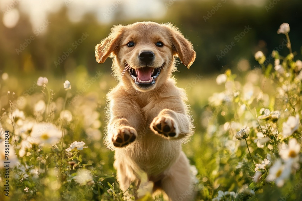 Golden Retriever Puppy Joyfully Playing in a Meadow Golden Retriever Puppy Joyfully Playing in a Meadow