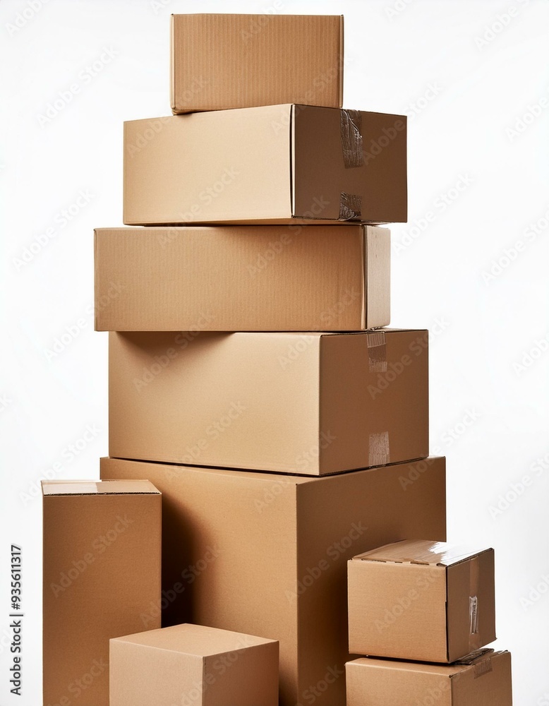 Stack of cardboard boxes in various sizes, isolated on white background Stack of cardboard boxes in various sizes, isolated on white background