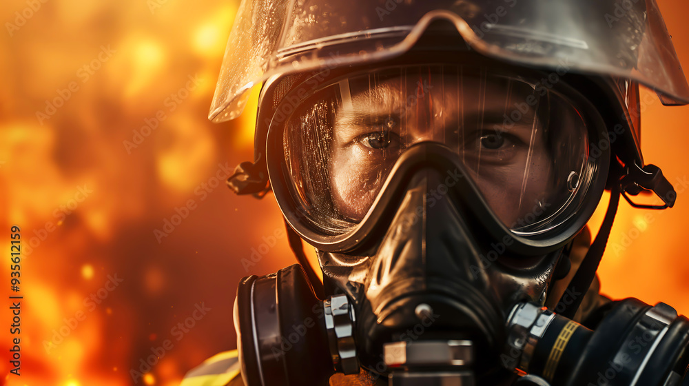 Portrait of firefighter fireman with gas mask and helmet at fire station Portrait of firefighter fireman with gas mask and helmet at fire station
