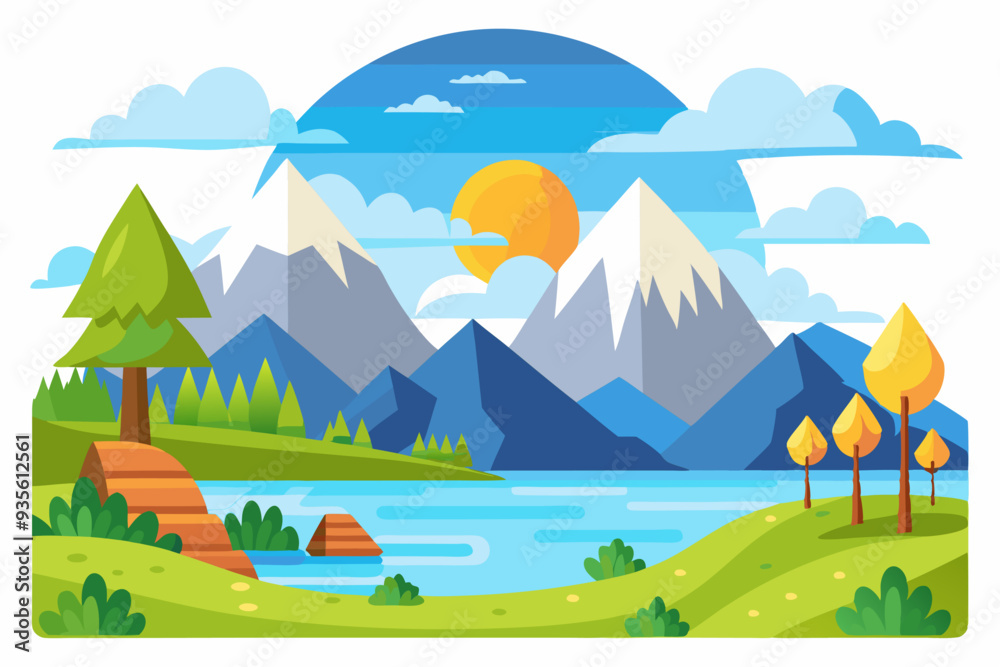 Fototapeta premium Mountainous Landscape with Lake and Sun