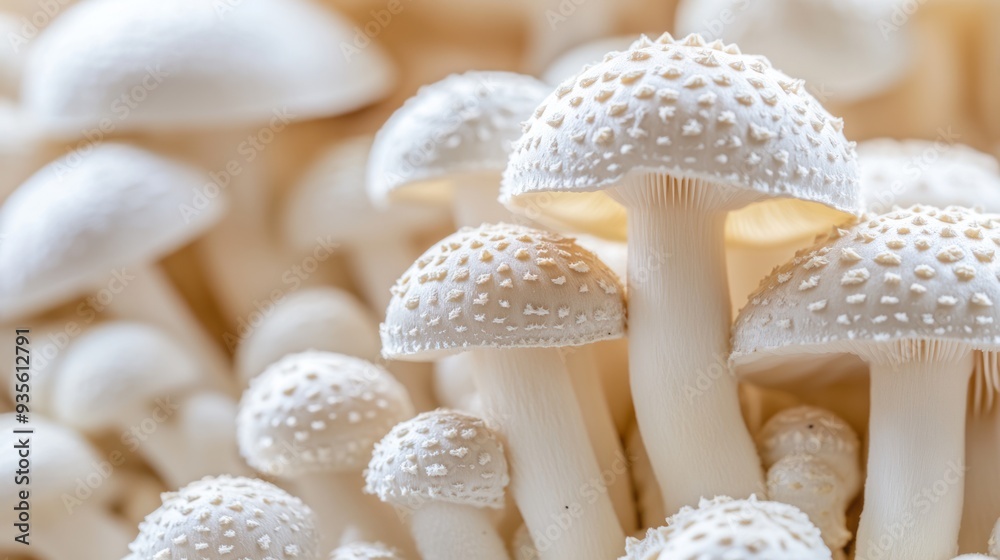 Closeup of White Mushrooms with Dotted Caps