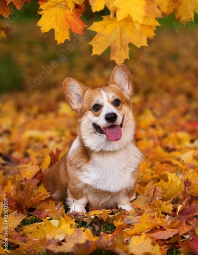 corgi dog in autumn leaves photo