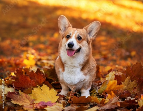 corgi dog in autumn leaves