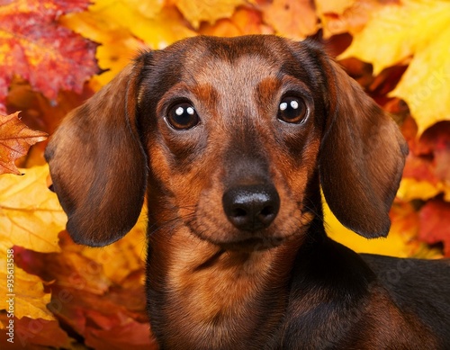 dachshund dog in autumn leaves photo