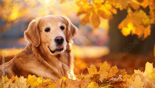 golden retriever dog in autumn leaves