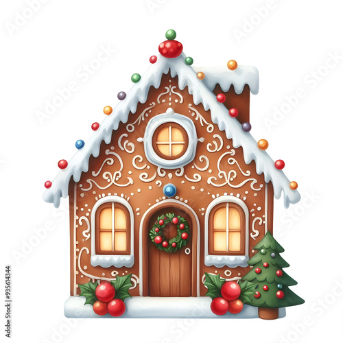 Watercolour gingerbread house with Christmas tree and ornament