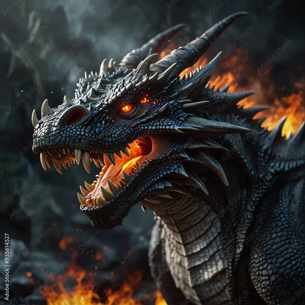 A close-up of a dragon's head with four teeth, breathing life-giving fire against a white background A close-up of a dragon's head with four teeth, breathing life-giving fire against a white background