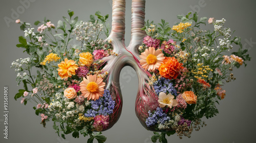 Floral lungs symbolize life and natures beauty, showcasing vibrant flowers and greenery. image evokes sense of harmony and vitality. photo