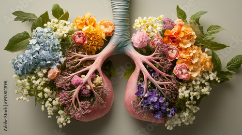 Floral lungs symbolize connection between nature and health, showcasing vibrant flowers and greenery. image evokes sense of vitality and harmony with environment.