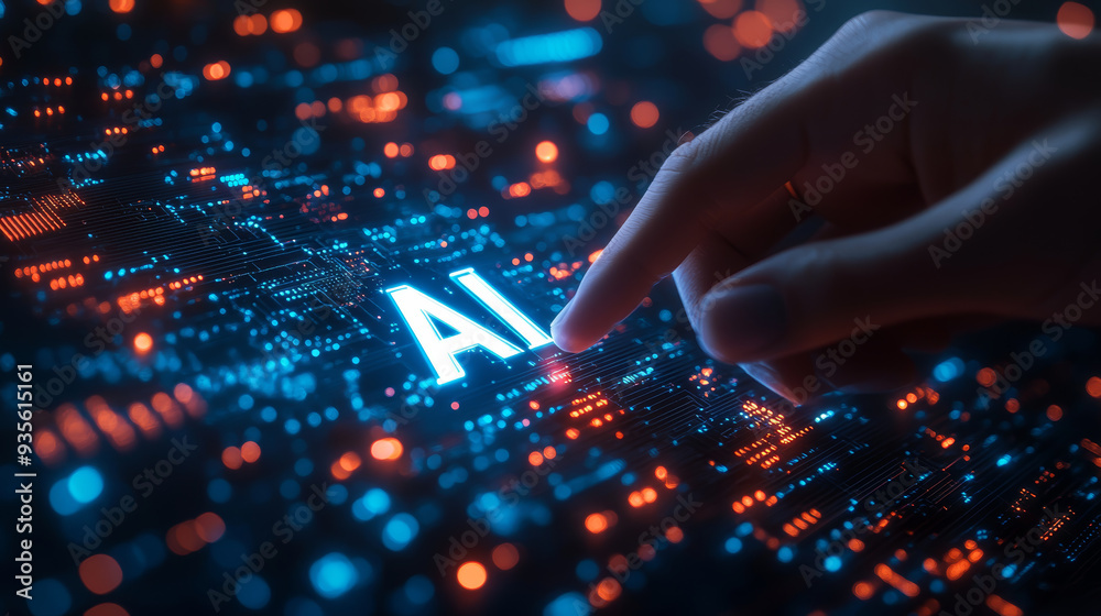 A hand reaching towards glowing AI symbol on digital interface, representing technology and innovation. image conveys sense of curiosity and engagement. A hand reaching towards glowing AI symbol on digital interface, representing technology and innovation. image conveys sense of curiosity and engagement.